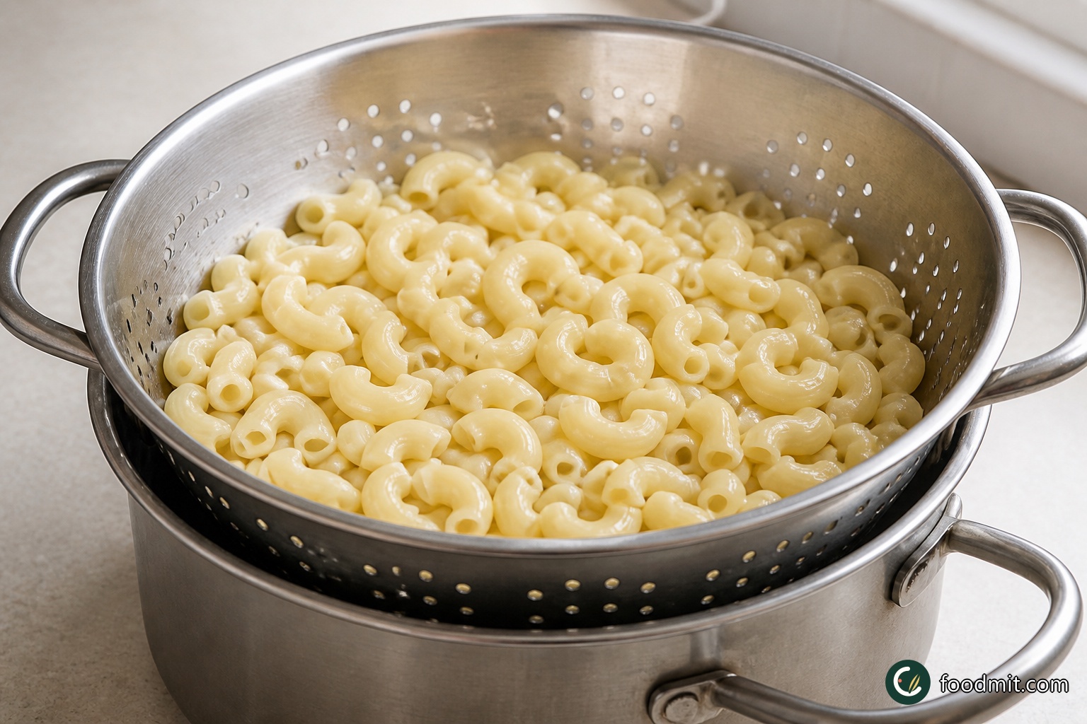 Bring a large pot of water to a full boil. Add the elbow macaroni and cook it only until al dente, following the pasta’s progress rather than letting it become completely soft. Drain thoroughly as soon as the elbows are tender but still have a slight firmness, since they will cook again after they are mixed with the sauce and placed in the oven.