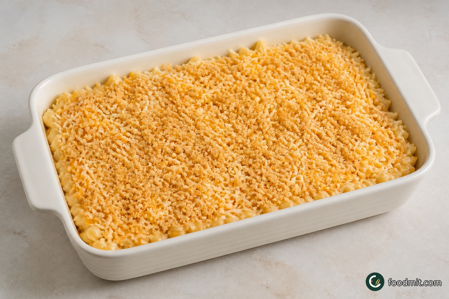 Transfer the drained macaroni directly to the cheese sauce and stir until every elbow is coated. Spoon the mixture evenly into the ten prepared pie plates, or spread all of it in the prepared 9-by-13-inch dish. Scatter the reserved 1 cup cheddar, 1/2 cup Gruyère, and 1/2 cup fontina over the surface, then finish with an even layer of the toasted panko.