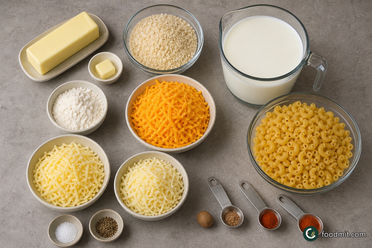 All ingredients for 3 Cheese Macaroni arranged on a table