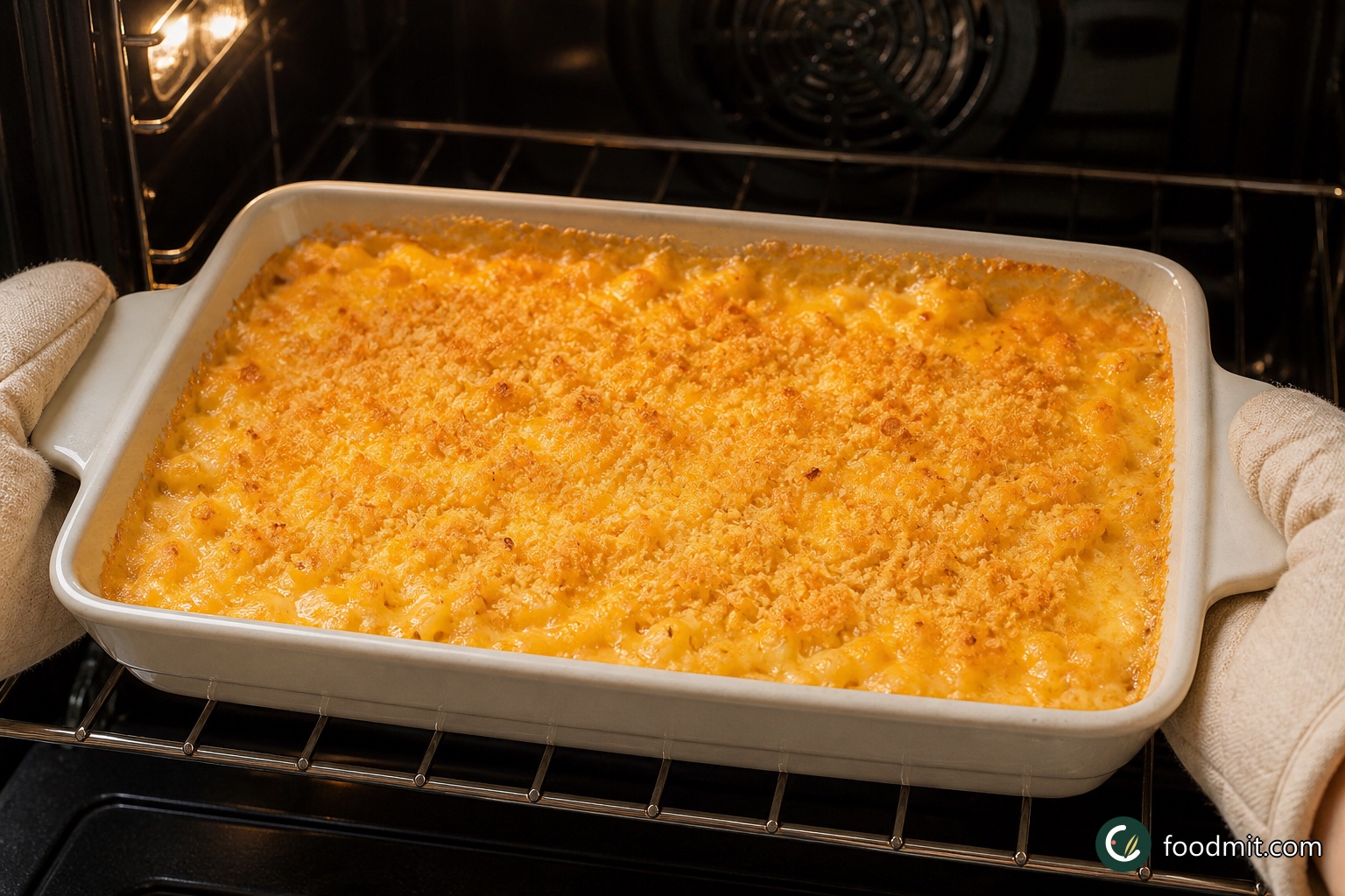 Bake the assembled macaroni for about 15 minutes. Look for the cheese on top to be fully melted and for the pasta in the center to be heated through; the crumbs should retain their golden color and crisp appearance. The goal is to warm and unite the components, not to leave the dish in long enough for the sauce to dry out.