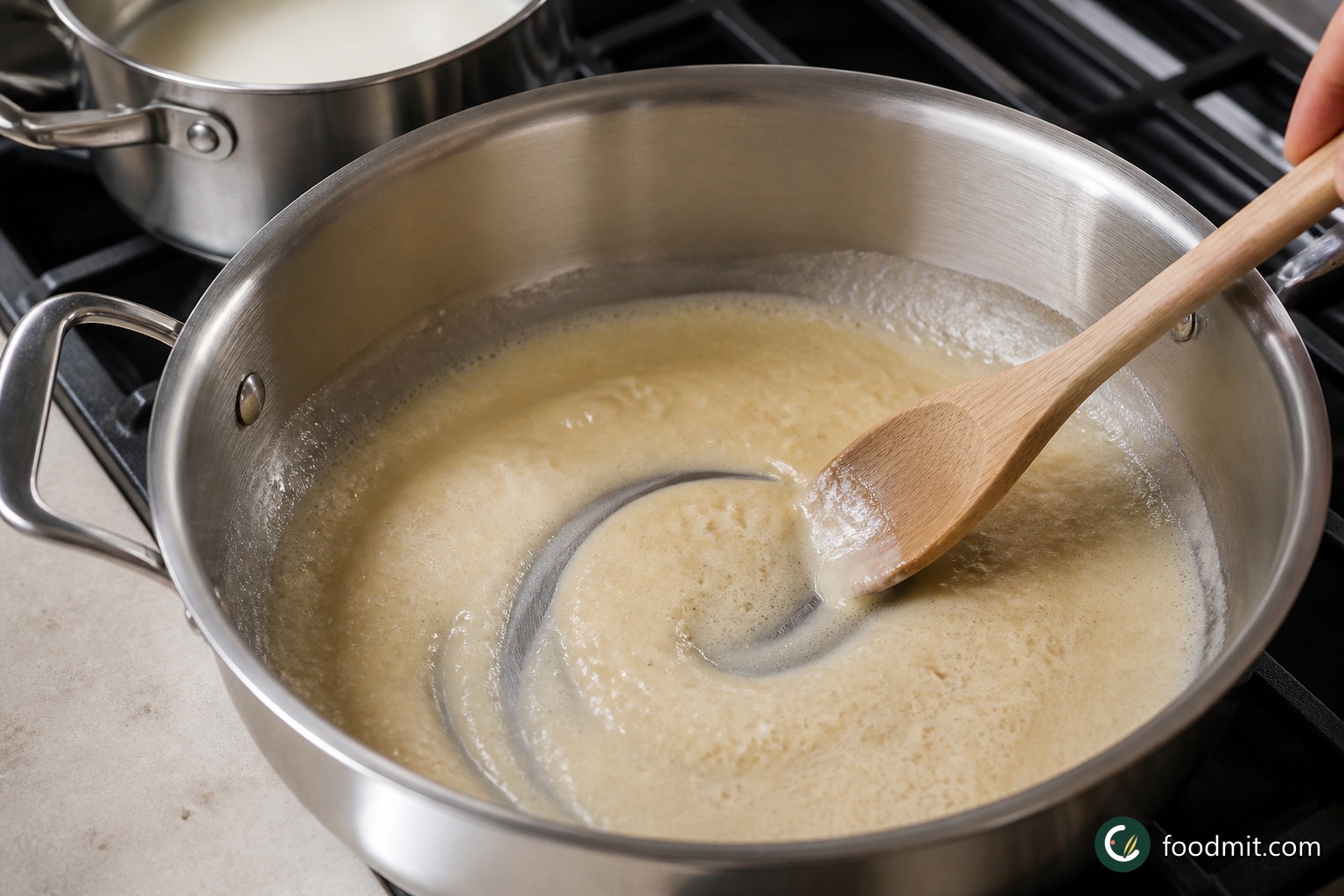 Warm the whole milk in a medium saucepan over medium heat; it needs to be hot but does not need to boil. At the same time, melt the remaining 6 tablespoons butter in a large, high-sided skillet over medium heat. When the butter is actively bubbling, stir in the flour and cook it for 1 minute, stirring continuously so the flour is moistened and loses its raw edge without taking on color.