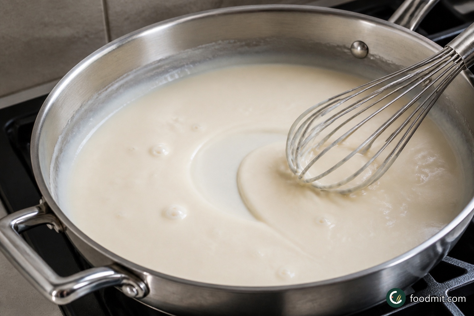 Pour the warm milk into the butter-and-flour mixture a little at a time while whisking constantly. Continue to whisk over medium heat for about 5 minutes. The sauce is ready for the cheese when bubbles break at the surface and the mixture has thickened enough to leave a brief trail behind the whisk; keep reaching into the corners of the skillet so no floury patches remain.