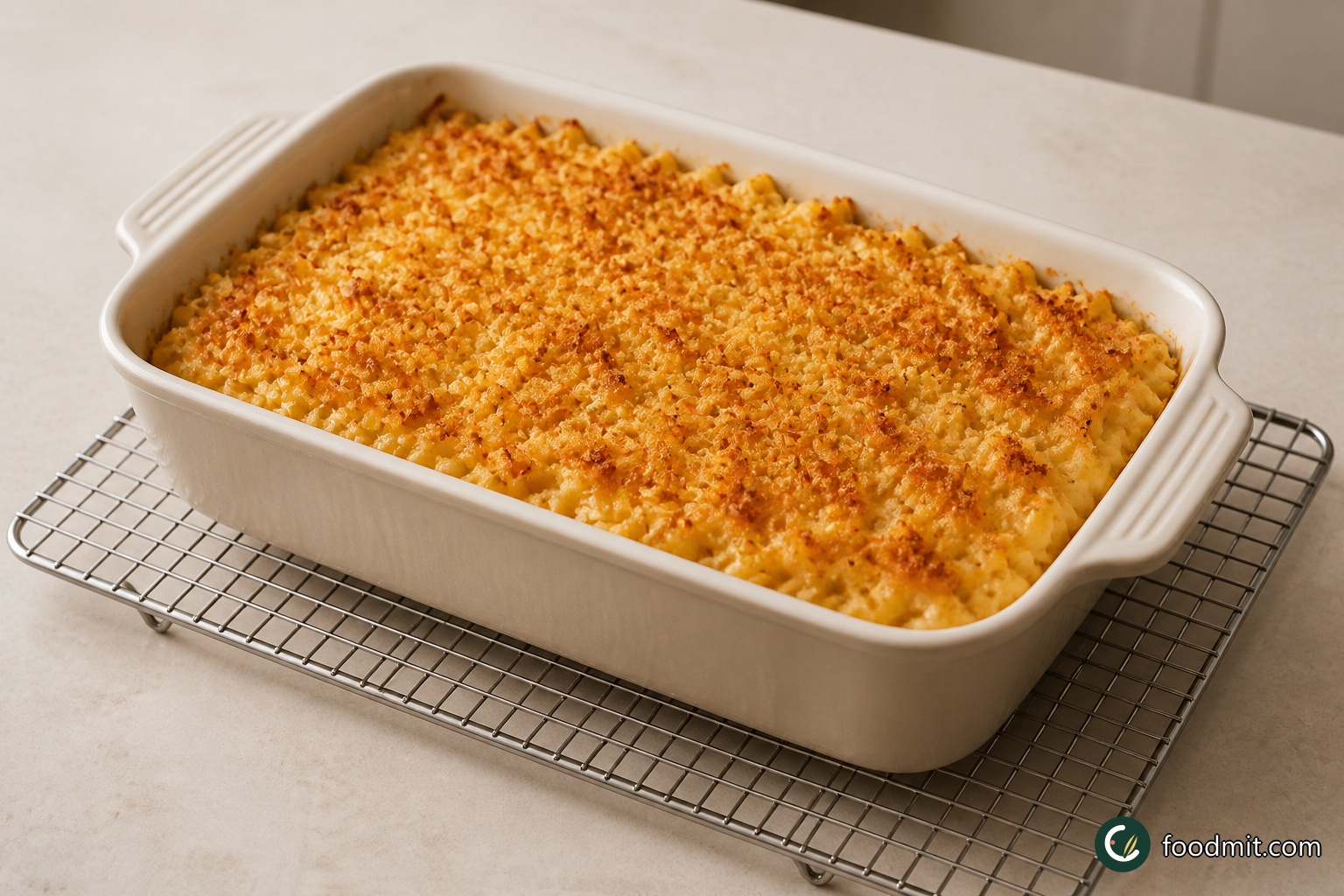 Set the individual plates or baking dish on a wire rack and leave the macaroni undisturbed for 5 minutes. This short pause lets the very hot sauce settle around the elbows and makes the portions easier to serve while the top remains crisp. Bring it to the table after the rest, while the cheese is still soft and the center is warm.
