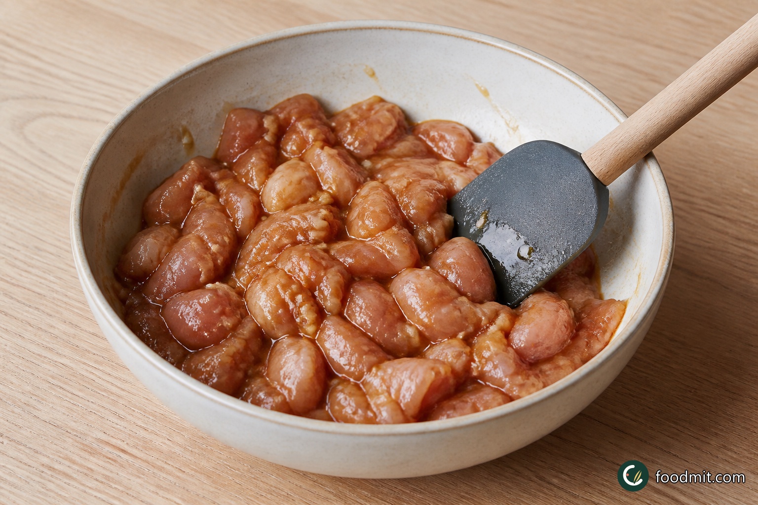 While the rice is in its covered bake, place the chicken pieces in a bowl with the oyster sauce, the remaining 1 tablespoon cooking wine, the remaining 1 tablespoon soy sauce, 2 teaspoons sesame oil and the remaining minced garlic clove. Mix until every piece is evenly coated, then leave the chicken to marinate for the rest of the first bake.