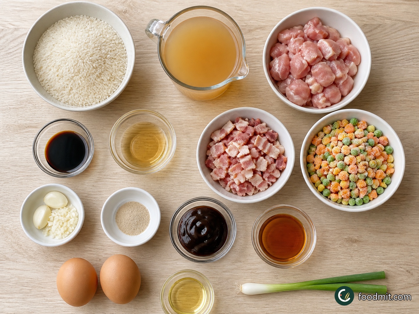 All ingredients for Baked chicken fried rice arranged on a table
