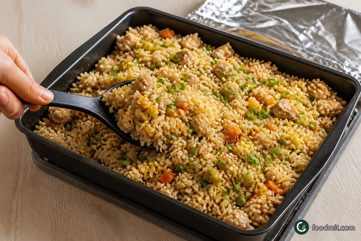 Remove the pan from the oven, replace the reserved foil and leave it undisturbed for 10 minutes. If using the eggs, whisk them and scramble them in a non-stick frying pan over medium-high heat with the neutral oil just until set, then transfer them to a bowl. After the rice has rested, use a rubber paddle to turn it over from the bottom and gently separate the grains. Fold in the scrambled egg, drizzle over the remaining 2 teaspoons sesame oil, add the sliced green onion and toss gently before serving.