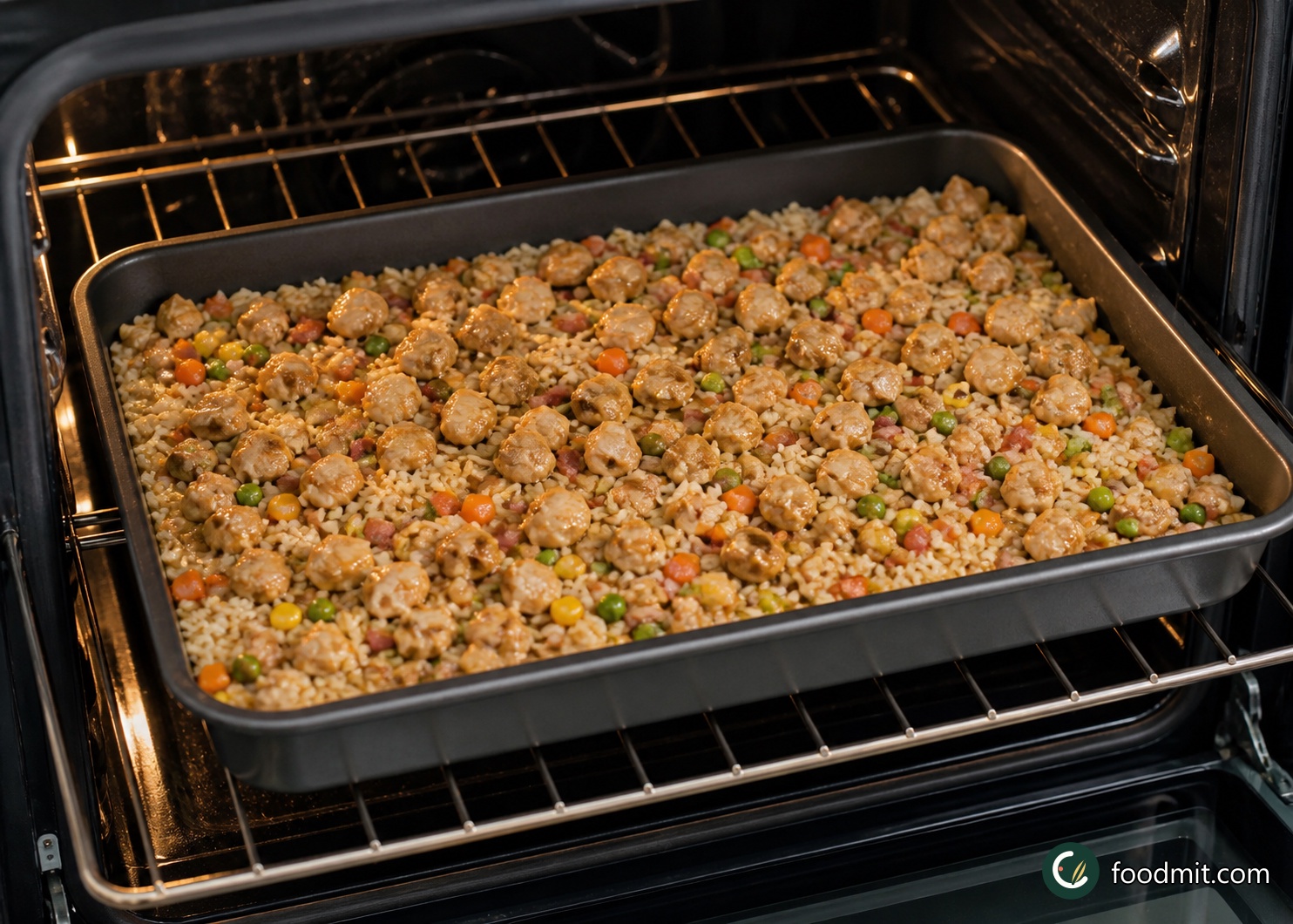 Take the pan from the oven, carefully lift off the foil and keep it for the resting stage. Arrange the marinated chicken across the rice in a single, even layer. Return the pan to the oven without the foil and bake for 20 minutes, until the chicken is cooked through with no pink remaining in the center and the rice has absorbed the seasoned liquid.