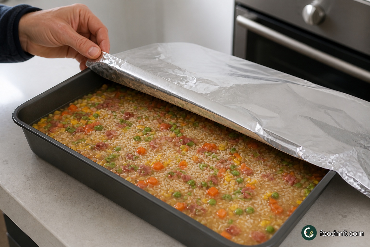 Put the uncooked rice, 375 ml stock, 1½ tablespoons soy sauce, 1 tablespoon cooking wine, 2 minced garlic cloves and the white pepper in the metal pan. Gently shake the pan to level the rice, checking that every grain sits beneath the liquid. Scatter the still-frozen vegetables evenly over the surface, followed by the bacon or ham. Seal the pan with foil and bake for 25 minutes. For the alcohol-free option, omit both tablespoons of cooking wine from the recipe, add the extra 60 ml stock here and extend this covered bake by 1 minute.