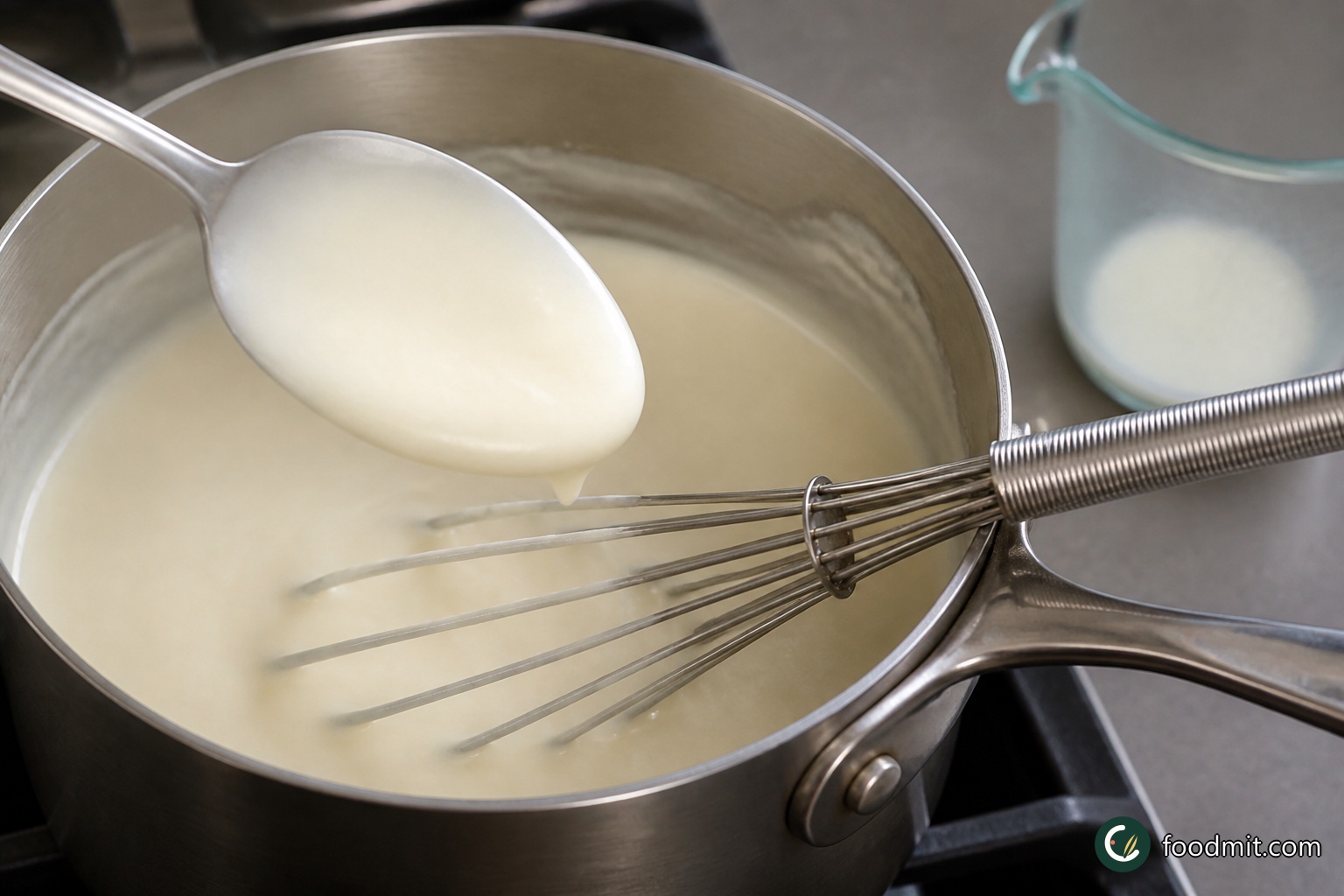 Pour in the warm milk gradually, whisking as you go so the base stays smooth. Let it reach a boil, then turn the heat down to medium. Cook, stirring often, until the sauce leaves an opaque coating on the back of a spoon, 3 to 4 minutes.