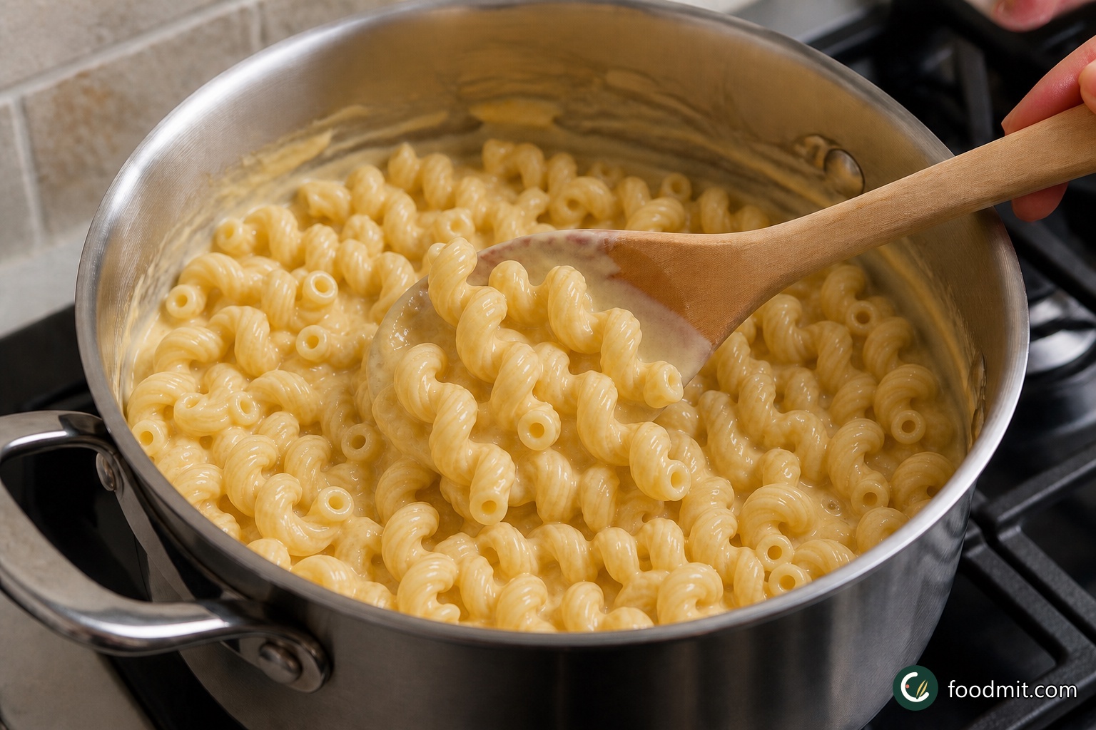 Lower the heat before adding the cheese. Whisk in the American cheese first, then 2 cups of the cheddar, and finally 1 cup of the Parmesan, making sure each addition is fully incorporated before the next goes in. Season the sauce with 1/2 teaspoon kosher salt and 1/4 teaspoon black pepper. Fold in the drained cavatappi and reserved pasta water, then spread everything in an 8-inch baking dish.