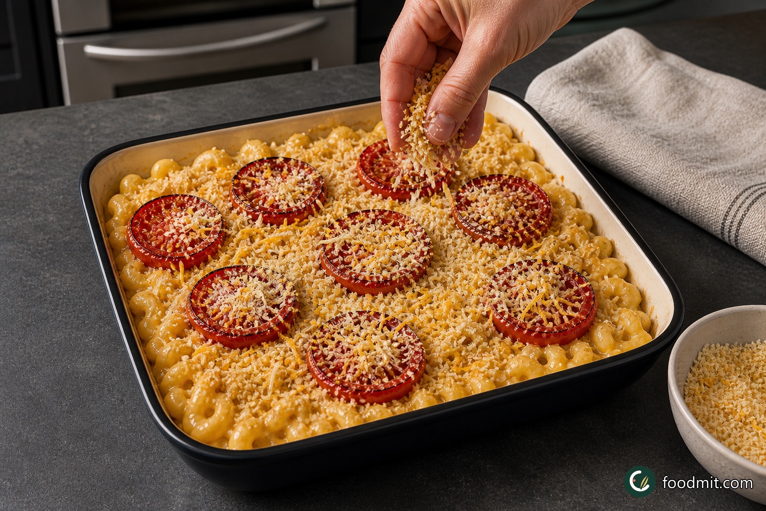 Combine the panko with the 2 tablespoons of melted butter, the remaining 1/4 cup cheddar, and the remaining 1/4 cup Parmesan. Arrange the broiled tomato rounds over the pasta and scatter the crumb mixture across the surface, including over the tomatoes. Bake at 350°F until the cheese sauce is visibly bubbling, about 30 minutes.