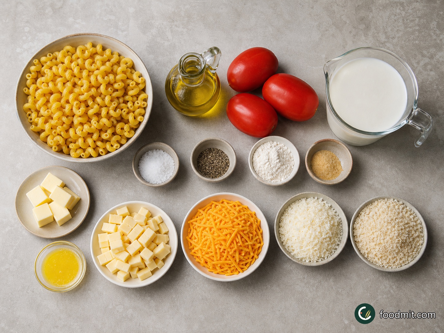 All ingredients for Baked Mac and Cheese with Broiled Tomatoes arranged on a table