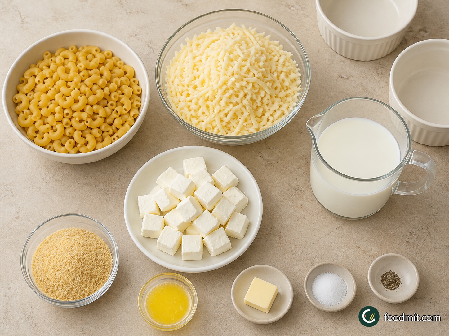 All ingredients for Baked Macaroni and Cheese arranged on a table