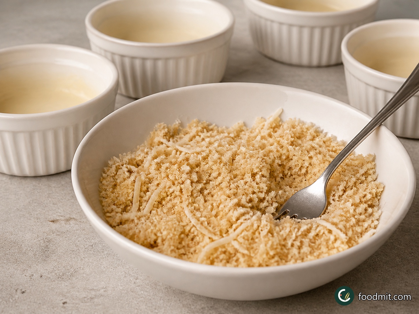 Heat the oven to 400°F. Butter four 14-ounce ovenproof dishes, coating the bottoms and sides so the macaroni will release cleanly at the table. In a small bowl, combine the melted tablespoon of butter with the breadcrumbs and ¼ cup of the grated cheddar. Toss until the crumbs are evenly moistened and the cheese is distributed, then keep the mixture nearby for the second half of baking.