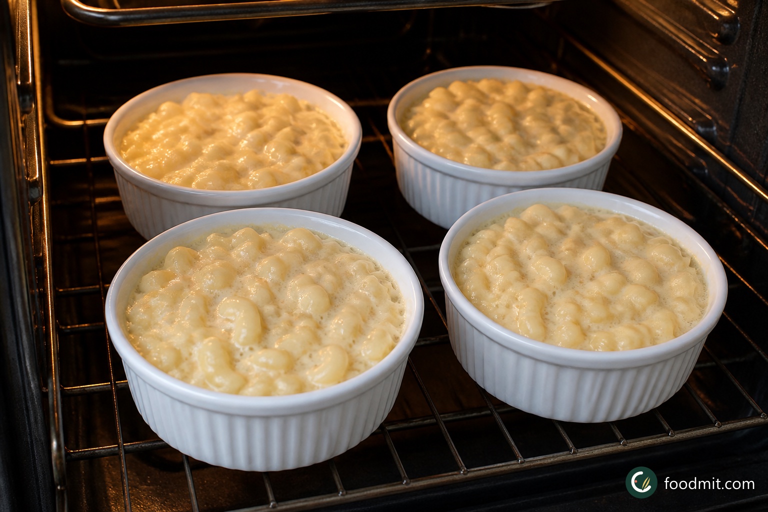 Divide the sauced macaroni evenly among the four prepared dishes and level the tops without packing them down. Set the dishes on a stable oven rack and bake for 10 minutes. At the end of this first bake, the cheese sauce should be actively bubbling, especially around the edges, while the uncovered surface is still pale and ready to receive the topping.