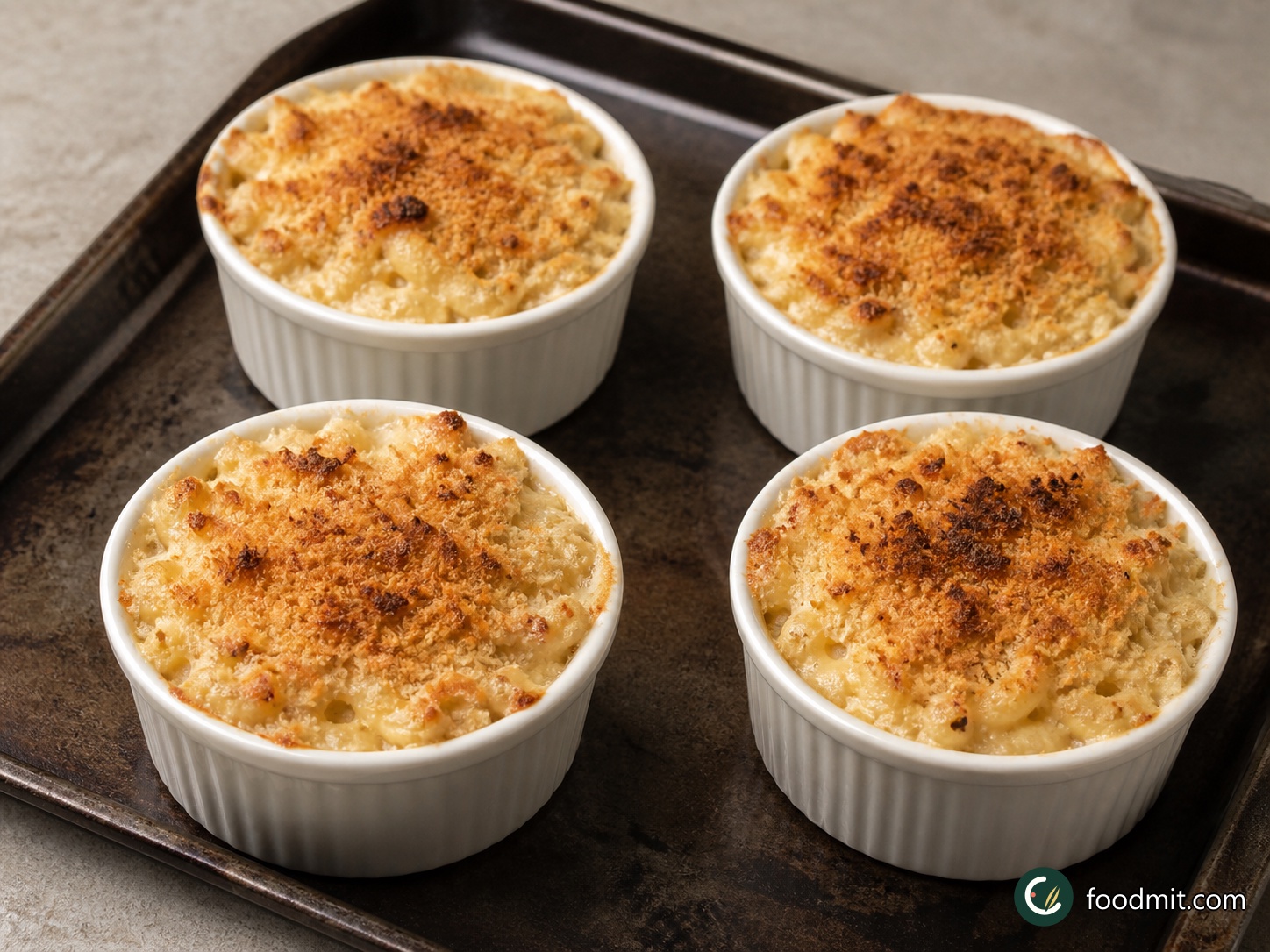 Carefully remove the hot dishes from the oven and scatter the reserved breadcrumb-cheddar mixture evenly over all four portions. Return them to the 400°F oven for another 10 minutes. They are ready when the sauce is bubbling through the crust and the crumbs are golden, with a few deeper brown toasted patches across the top and near the rims.