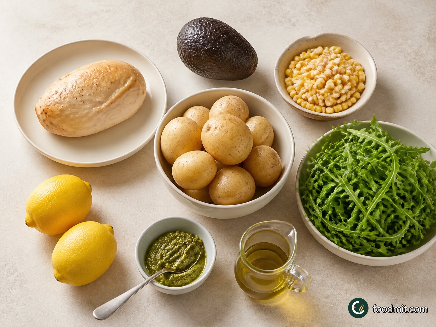 All ingredients for Chicken and sweetcorn potato salad arranged on a table
