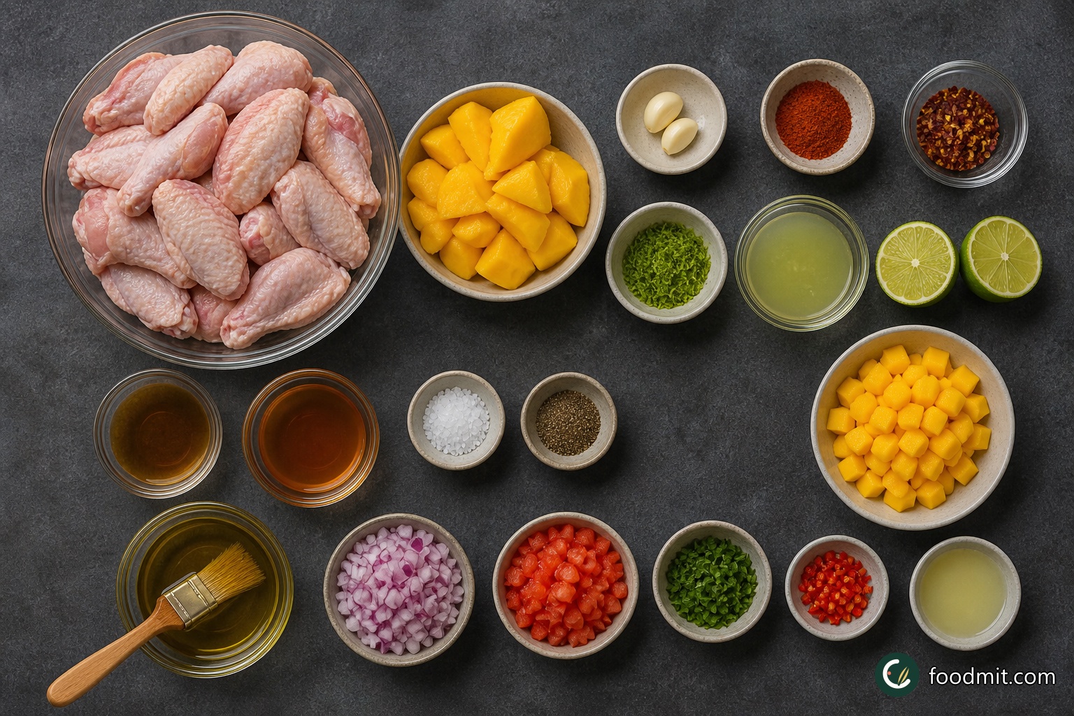 All ingredients for Chicken wings with mango arranged on a table