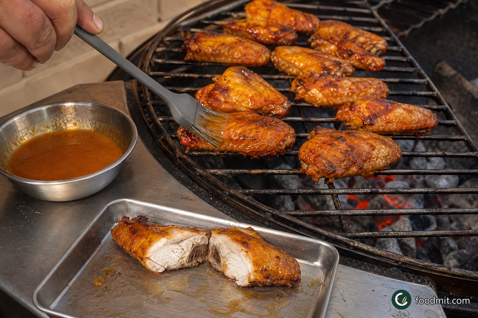 Brush the wings with the separately reserved glaze and cook for 5 minutes more. Cut into a thick wing right down to the bone: the juices should run clear and the meat should show no pink. If either cue is missing, continue grilling and check again. Move the cooked wings to a serving platter.