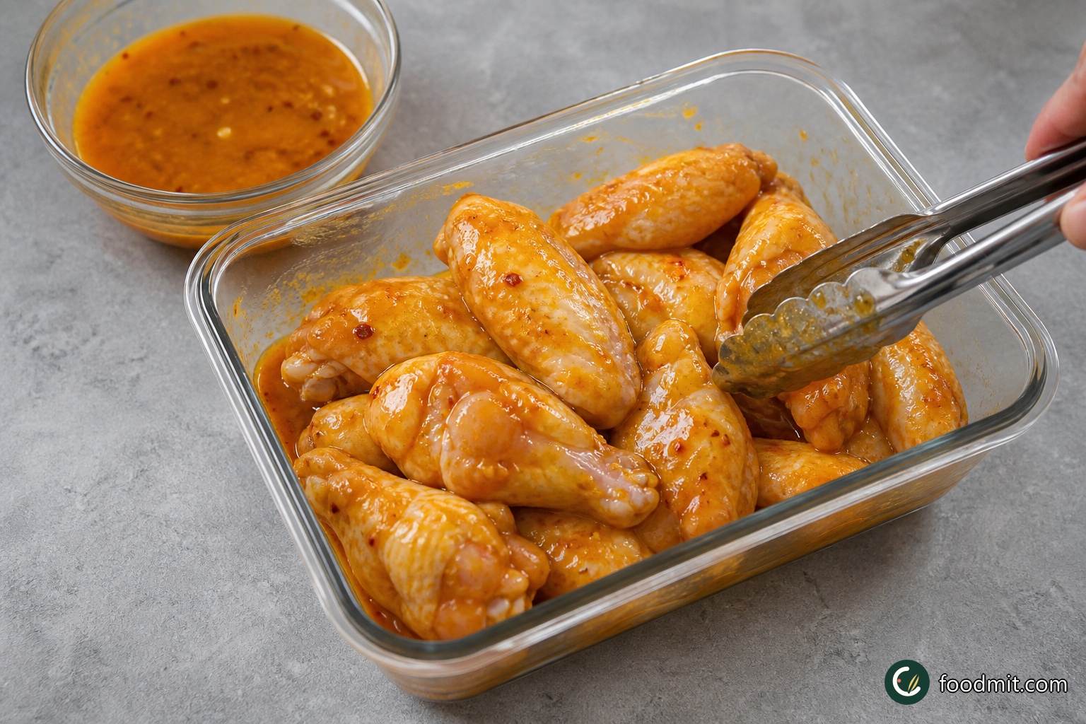 Pat the wings thoroughly dry with kitchen paper and place them in a container that fits in the refrigerator. Spoon a small bowlful of the cooled glaze into a separate container for basting later. Pour all the remaining glaze over the wings and turn them until well coated. Cover and refrigerate for at least 2 hours, or preferably overnight; keep the reserved glaze separate.