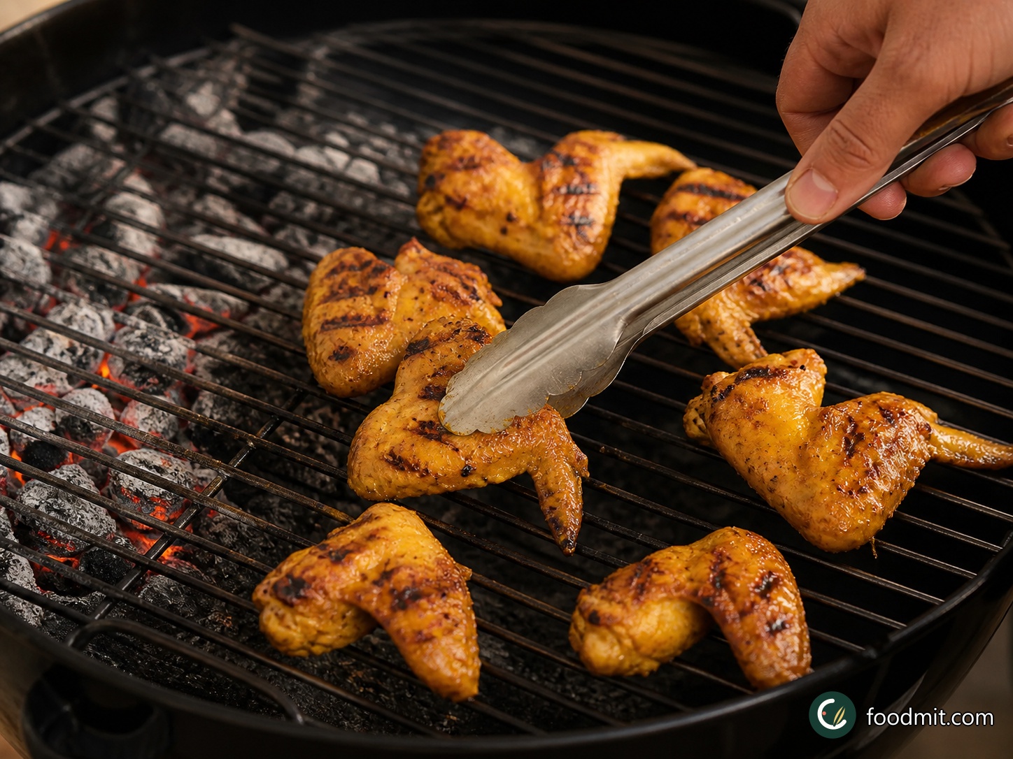 Arrange the marinated wings on the prepared grill over the gentler heat. Cook for at least 30 minutes, turning them occasionally so they color steadily on all sides rather than scorching in one spot.