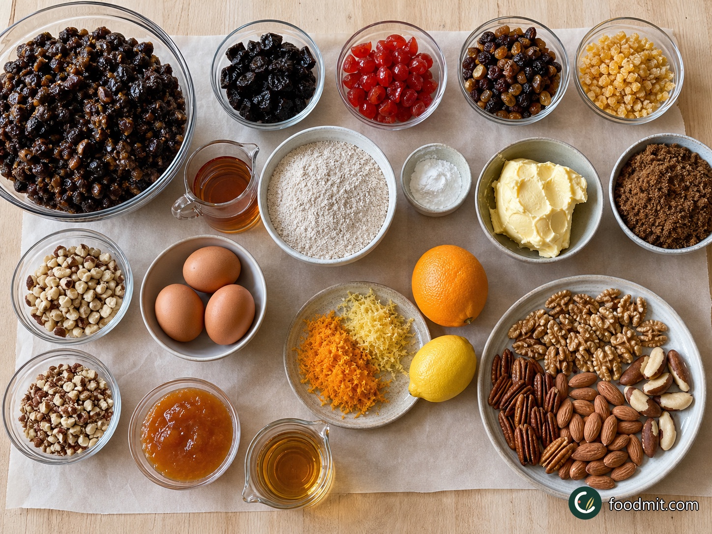All ingredients for Christmas Sherry Mincemeat Cake arranged on a table