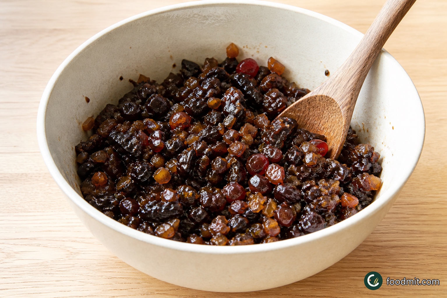 Three days before baking, put the mincemeat, prunes, glace cherries, mixed dried fruits, candied peel and sherry into a bowl. Stir until every piece is coated, cover the bowl with a clean cloth and leave it in a cool place. If time is short, give the mixture at least 3 hours; after either soak, it should look evenly moist and the fruit should have taken up much of the sherry.