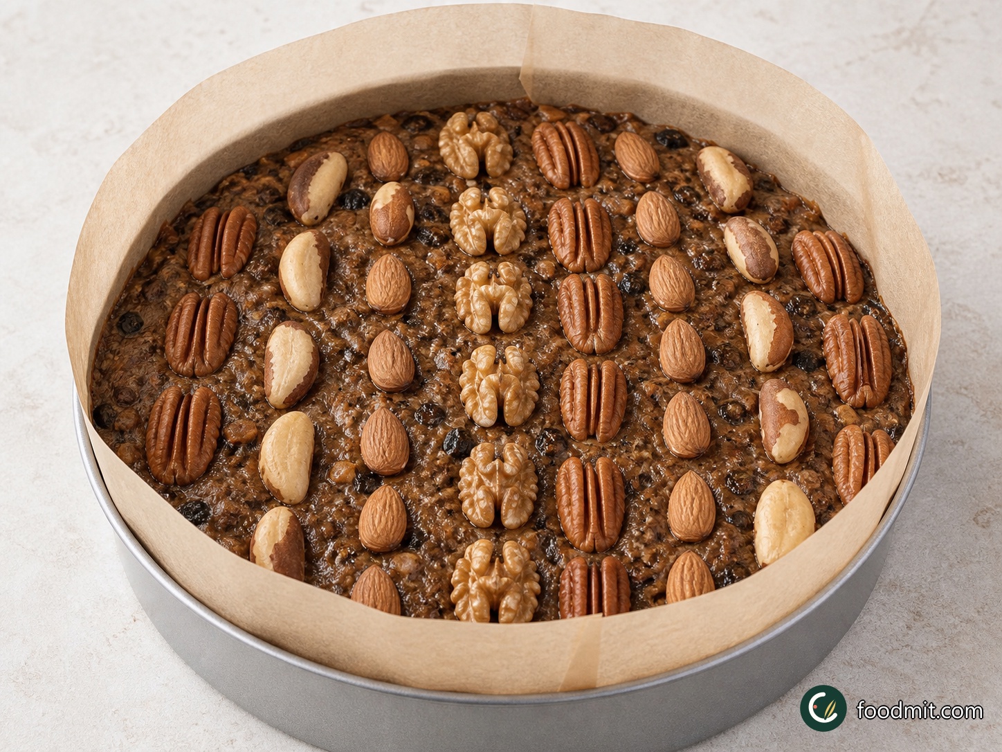 Transfer the batter to the lined tin and level it right to the edges so the cake rises evenly. Arrange the walnut halves, pecan halves, almonds and whole Brazil nuts in tidy rows across the surface, alternating the types as you go. Keep the nuts resting on top rather than pressing them deep into the batter; they should form a complete decorative pattern that remains visible after baking.