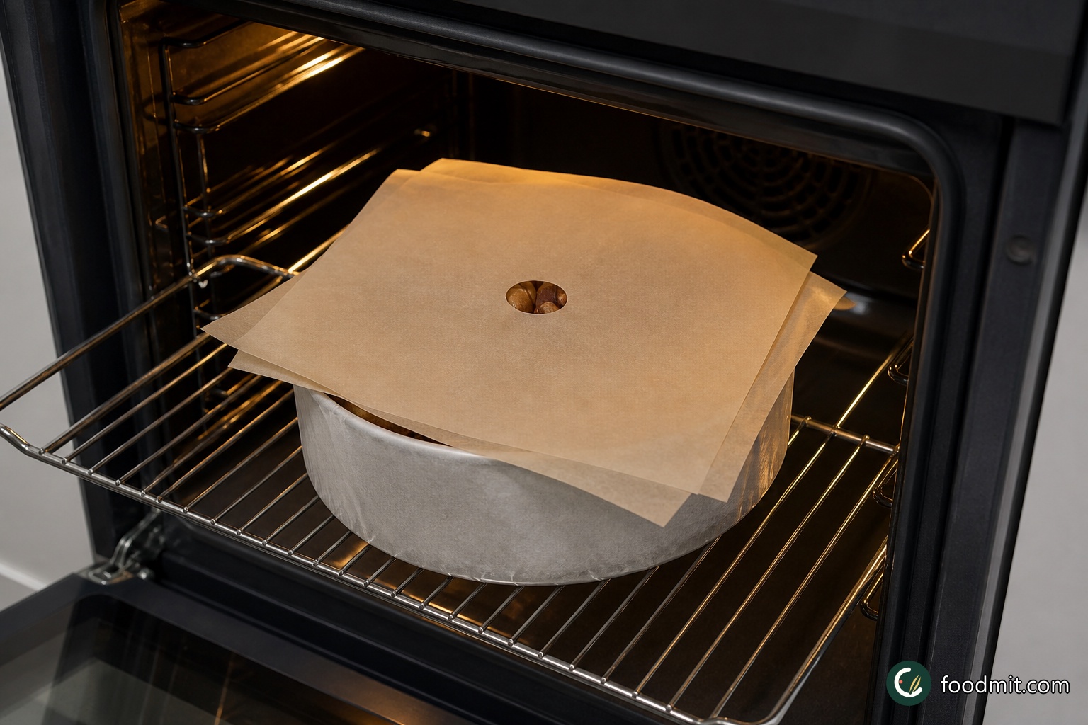 Cut two squares of baking parchment large enough to cover the tin and make a small central opening roughly the diameter of a 50p coin. Lay the double parchment cover over the cake, place the tin on the centre shelf and bake for 2 to 2 1/2 hours. Begin checking at the earlier time: the middle is ready when it springs back after a light touch, rather than retaining an indentation.