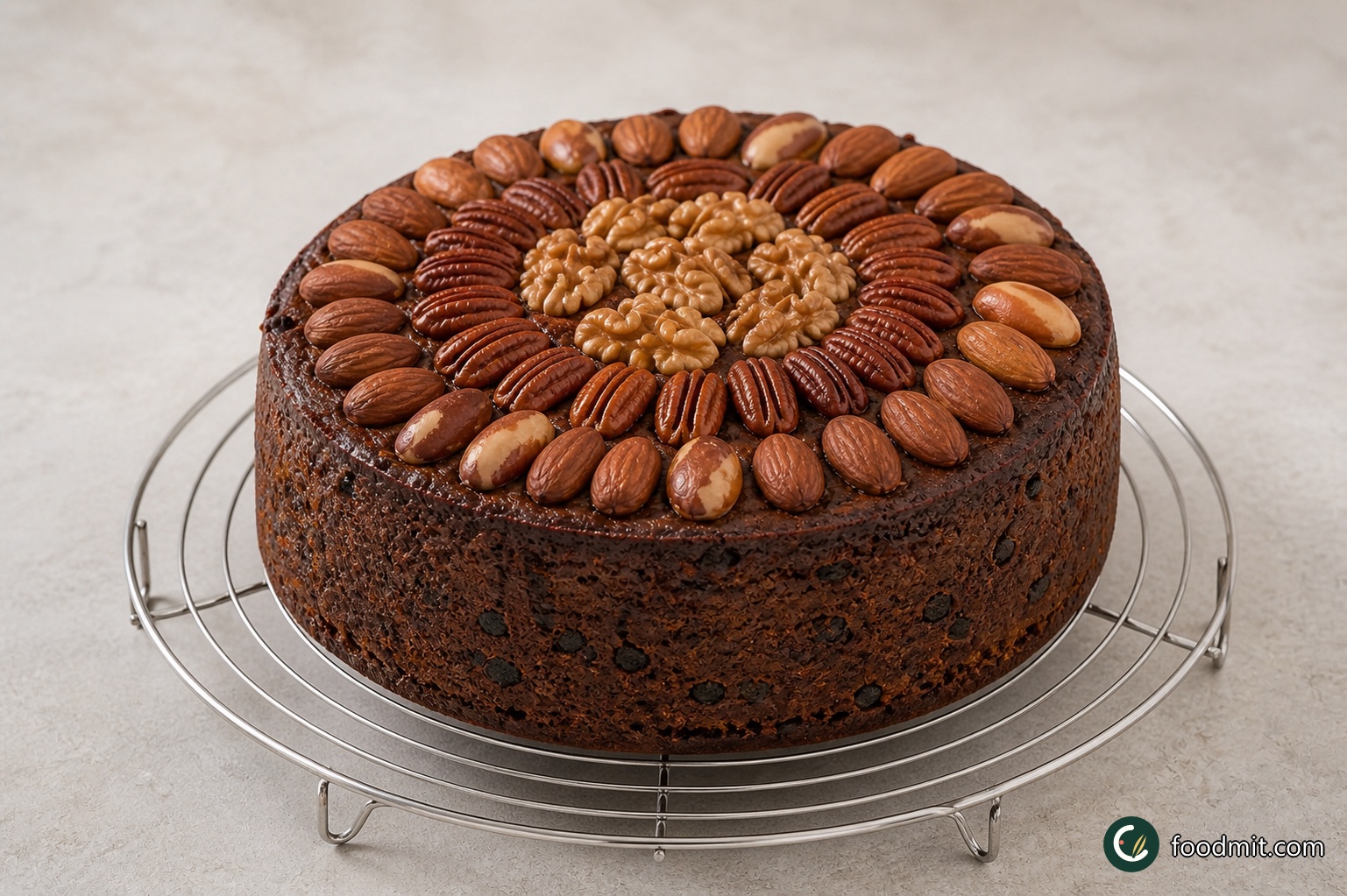 Leave the baked cake in its tin for 30 minutes so the fruit-rich crumb can settle before it is moved. Carefully turn it out, remove the lining paper and place it on a wire rack to cool completely. Handle it gently while warm because the cake is heavy with fruit; wait until there is no residual warmth before glazing or storing it.