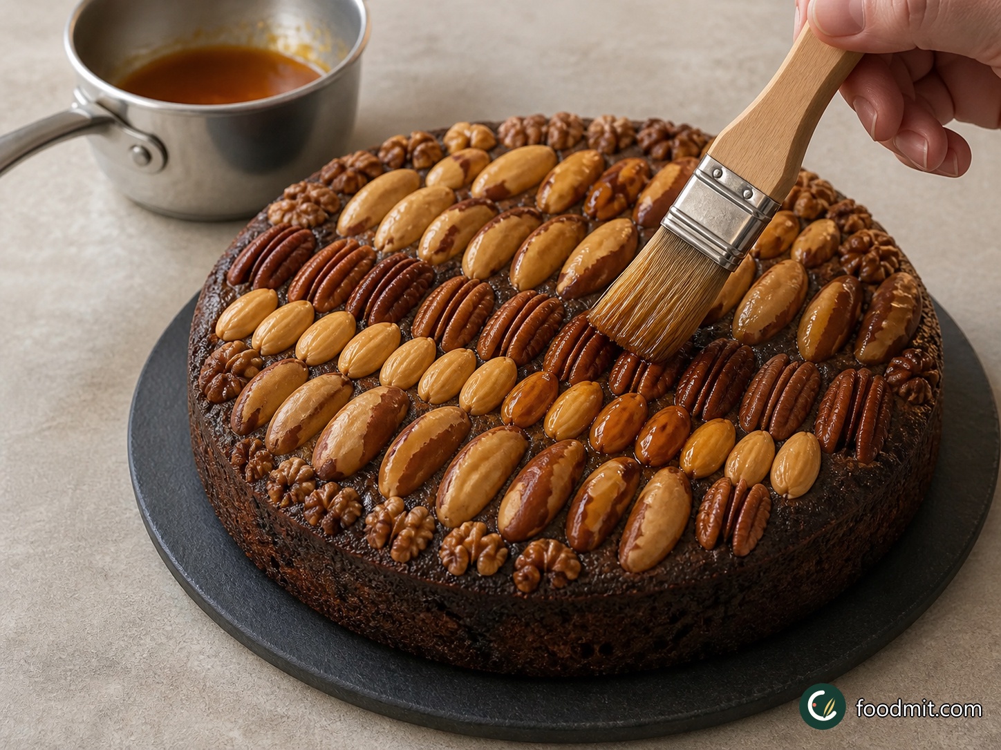 Warm the sieved apricot jam and brandy together in a small pan just until the mixture loosens and can be brushed. Paint it over the exposed nuts in a thin, even layer, reaching into the spaces between them without soaking the cake. The topping should look glossy rather than wet, with the rows of different nuts still clearly defined.