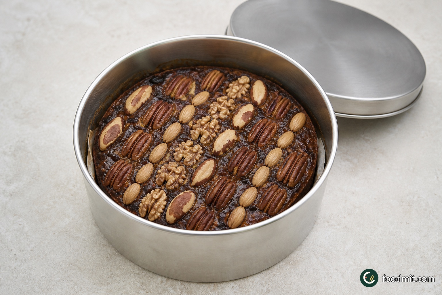 Let the glaze settle, then place the fully cooled cake in an airtight tin. Keep it sealed between servings so the crumb retains its moisture. Stored this way, the cake keeps well for 3 to 4 weeks; use a clean, sharp knife for each cut and close the tin again once the slices have been removed.