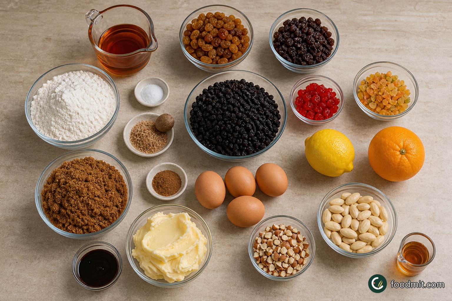 All ingredients for Classic Christmas Cake arranged on a table