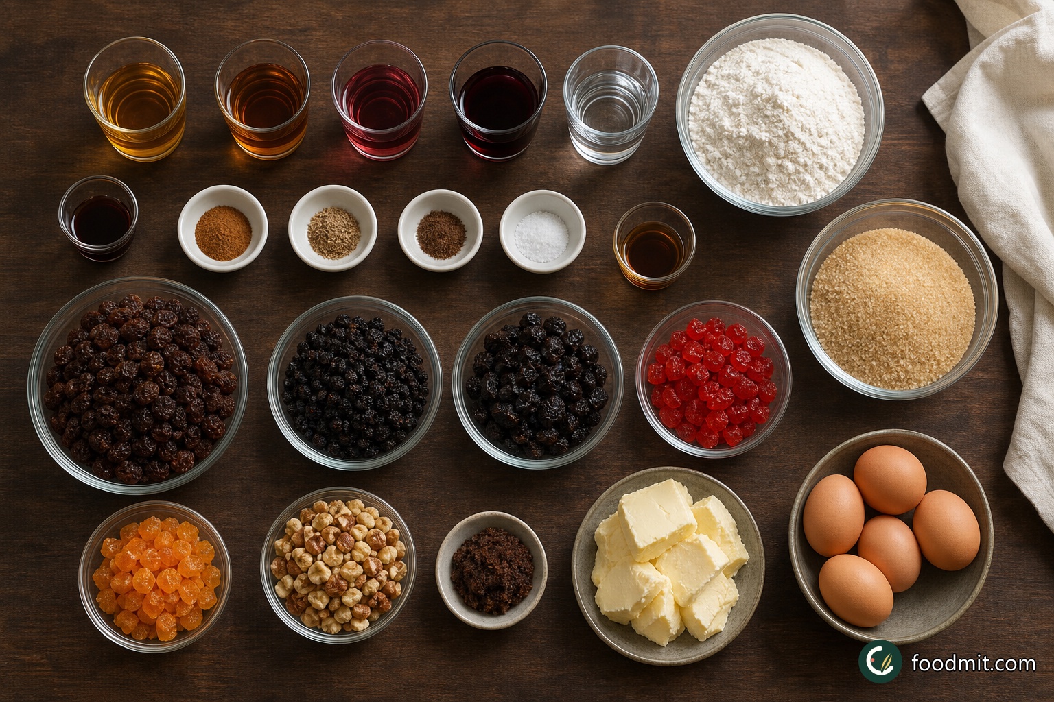 All ingredients for Creole Christmas Cake arranged on a table