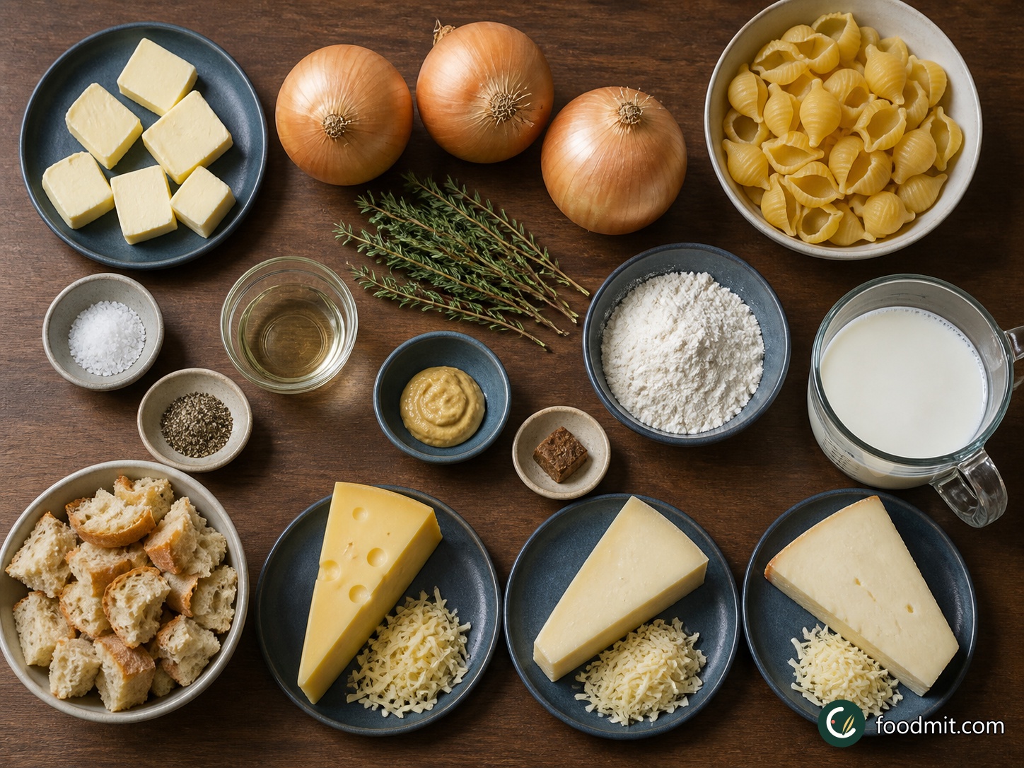 All ingredients for French Onion Mac and Cheese arranged on a table