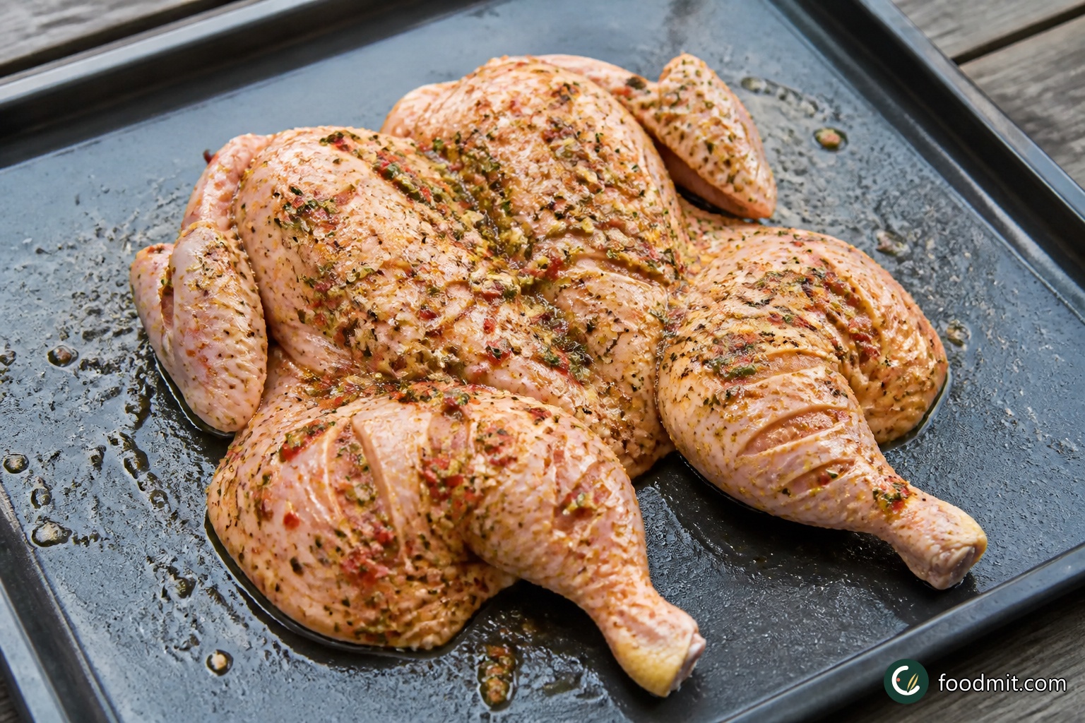 Set the chicken breast-side down on a stable board. With a large, sharp knife, carefully cut along the back so the bird can be opened out and pressed flat. Score the thick meat on both legs to help the heat reach the joints. Rub the half of the sauce left for cooking over both sides, pushing it into the leg scores and around the wings. Do not dip into the clean bowl reserved for serving.