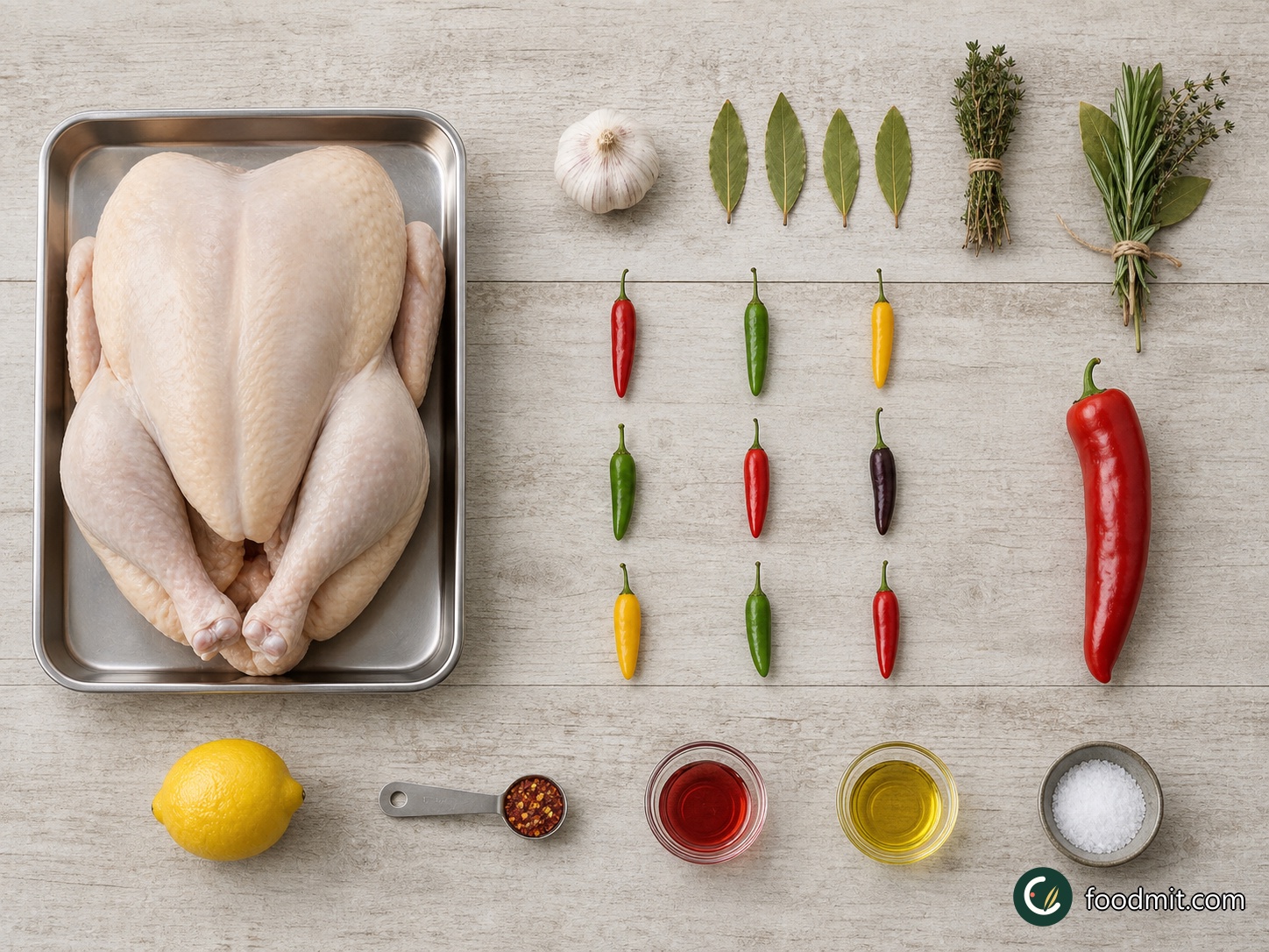 All ingredients for Grilled chili and lemon chicken arranged on a table
