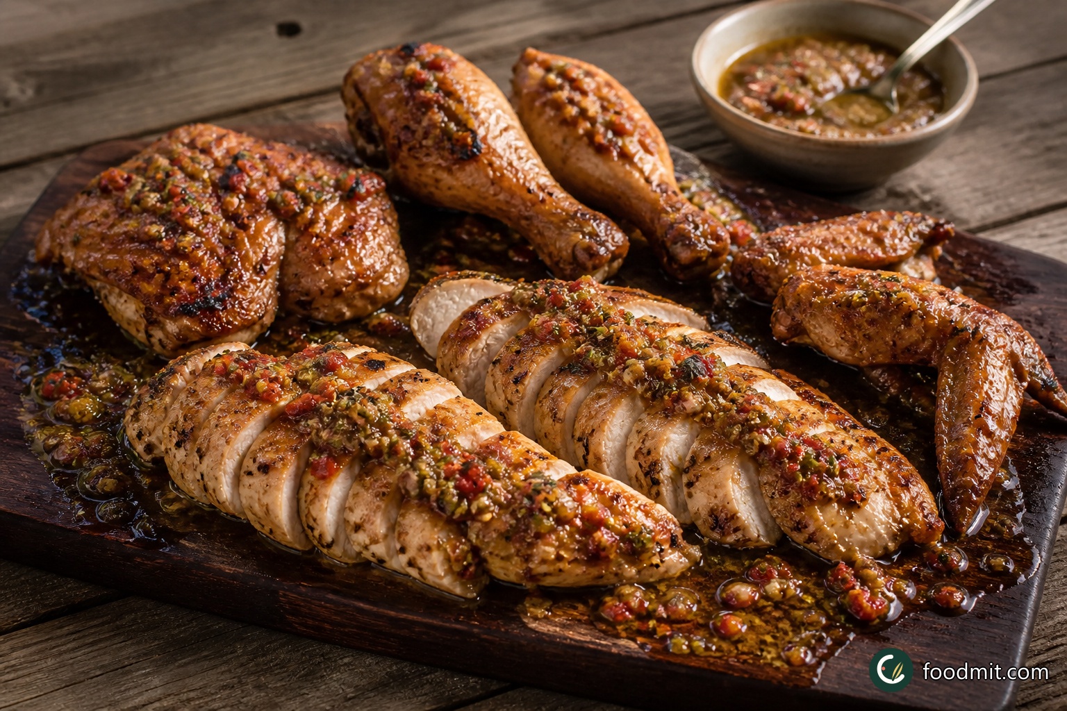 Lift the chicken onto a clean board and leave it untouched for 30 minutes. Carryover heat must bring the internal temperature to 75°C; check the thickest area again before carving. If it has not reached that point, return it to the covered indirect zone and continue cooking until it does. Once ready, carve the bird into serving pieces, spoon over the clean reserved sauce and let the board juices mingle with it. Serve with grilled chips, sweet potato wedges or Sriracha corn.