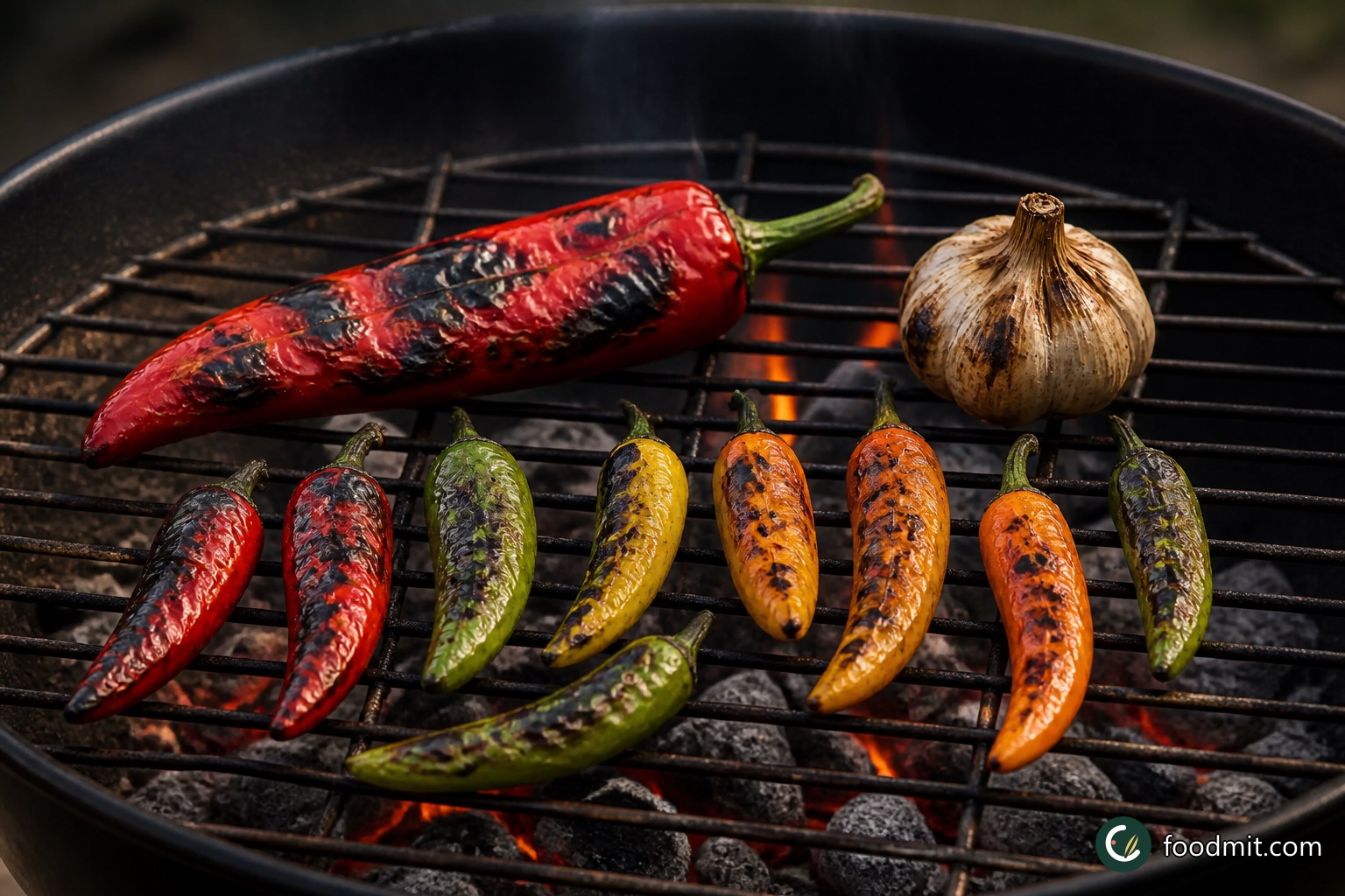 Prick each fresh chili and the long red pepper so steam can escape. Set them, along with the unpeeled garlic bulb, over the hot zone while the barbecue comes to temperature. Close the lid and keep the vents open, turning everything with tongs as needed, until the vegetables are well blistered and the garlic has softened. The dark patches are intentional, but the flesh should not be burned dry.