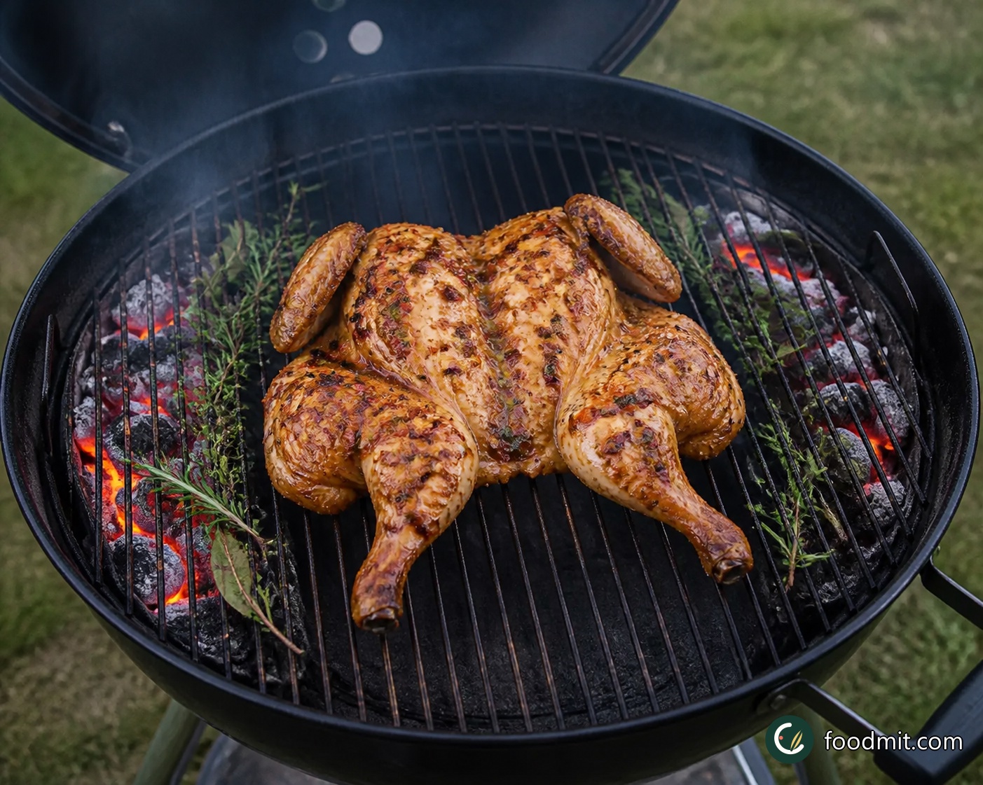Place the flattened chicken breast-side up over the coal-free center channel. If using the optional woody bay, thyme and rosemary sprigs, tuck them around the outside as a fragrant buffer near the hotter edges. Close the lid, leave the vents open and cook for 1 hour without moving the bird onto the fierce coals. At the end, the juices should run clear and a thermometer in the deepest part of the meat, clear of bone, should read 65–70°C.
