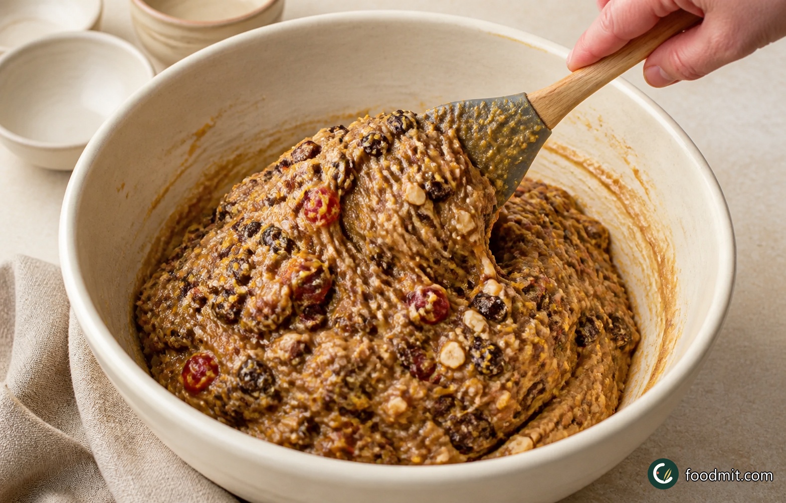 Fold the soaked fruit mixture into the cake base in several additions so it stays evenly suspended. Follow with the roughly chopped Brazil nuts, mixed chopped nuts, orange zest, and lemon zest, folding only until everything is well distributed.