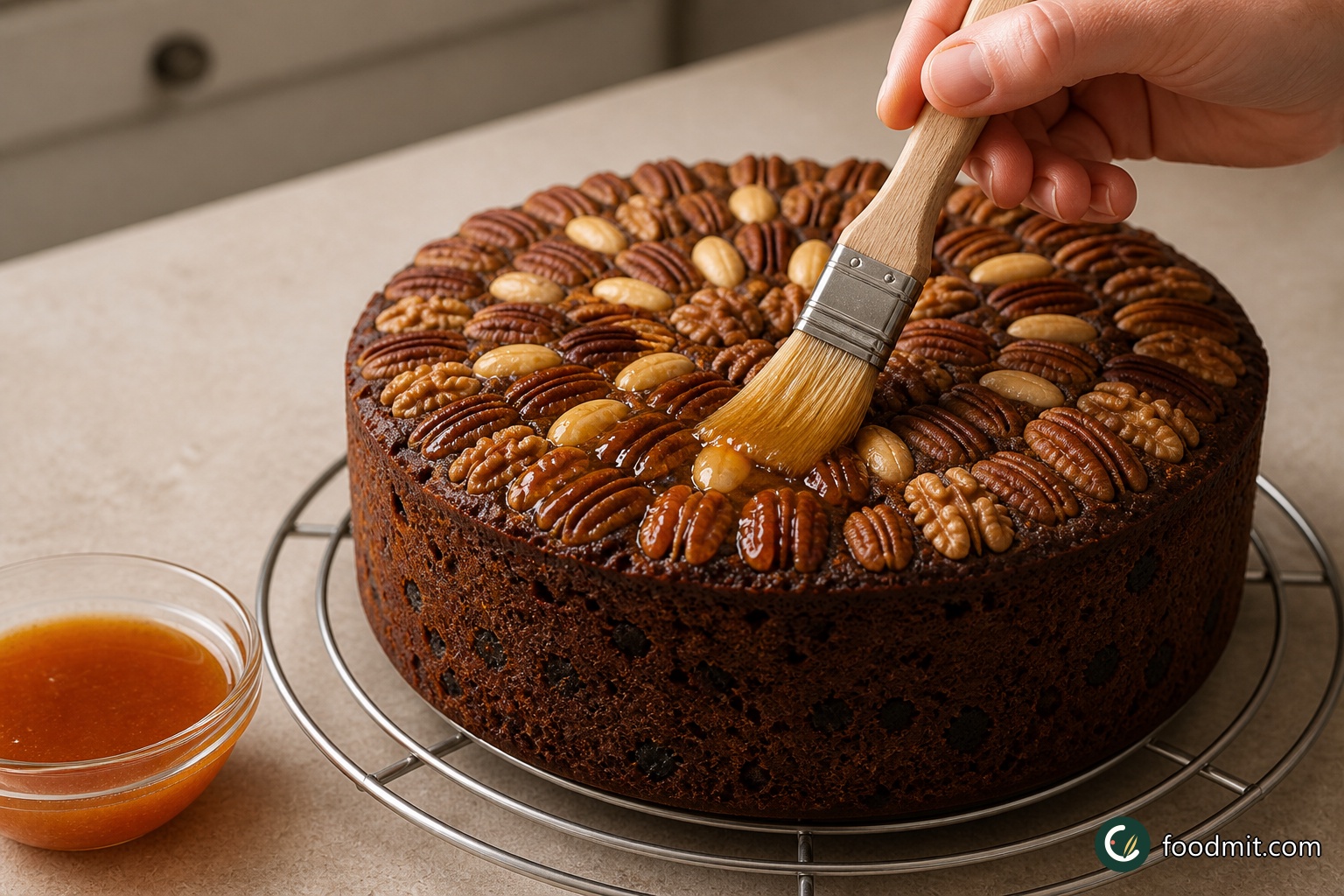 While the cake is cooling, gently heat the sieved apricot jam with the remaining tablespoon of brandy until fluid. Brush it over the exposed nuts for an even shine. Once completely cold, keep the cake in an airtight tin or wrap it first in baking parchment and then in foil.