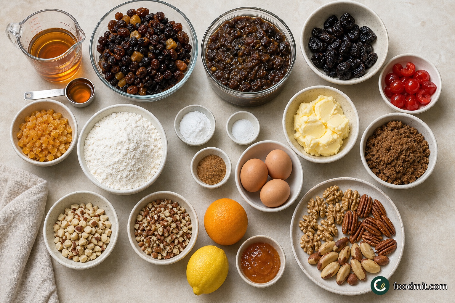 All ingredients for Last-minute Christmas Mincemeat Cake arranged on a table