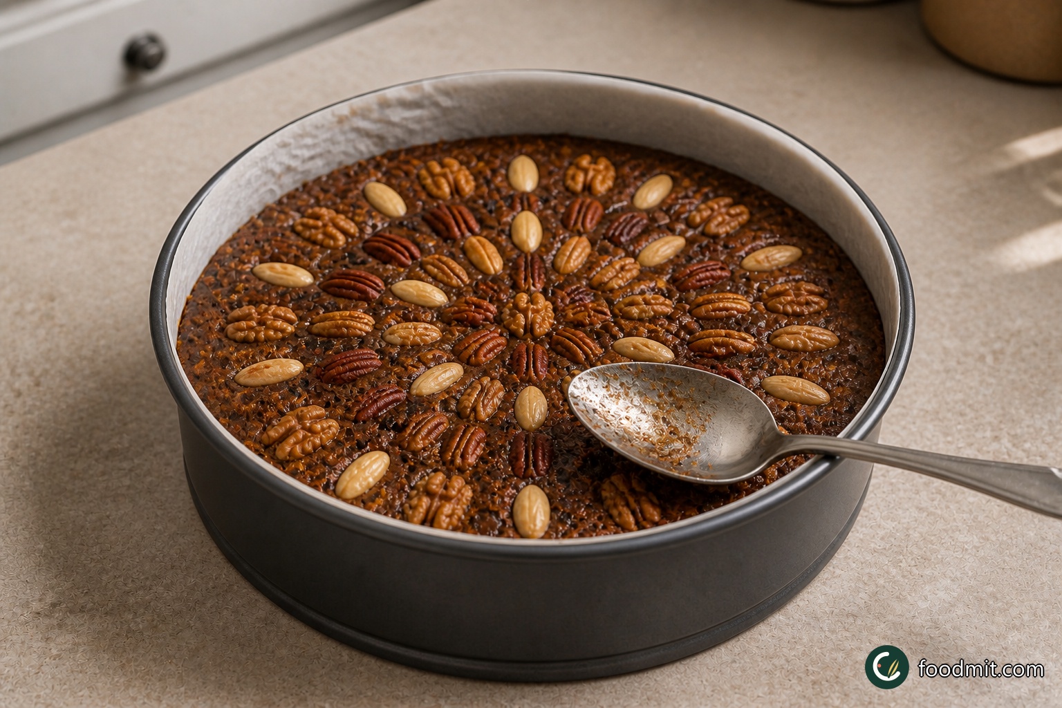 Spoon the batter into the prepared tin and smooth the surface with the back of a large spoon. Arrange the walnut halves, pecan halves, and whole Brazil nuts in circles or tidy rows, using an equivalent mixture of whole nuts if preferred.
