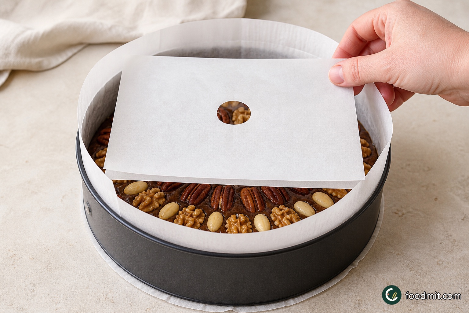 Cut a double-thickness square of baking parchment and make a hole in its centre about the size of a 50-pence coin. Set the shield on the rim of the upright tin liner so it sits above the cake rather than directly on the batter.