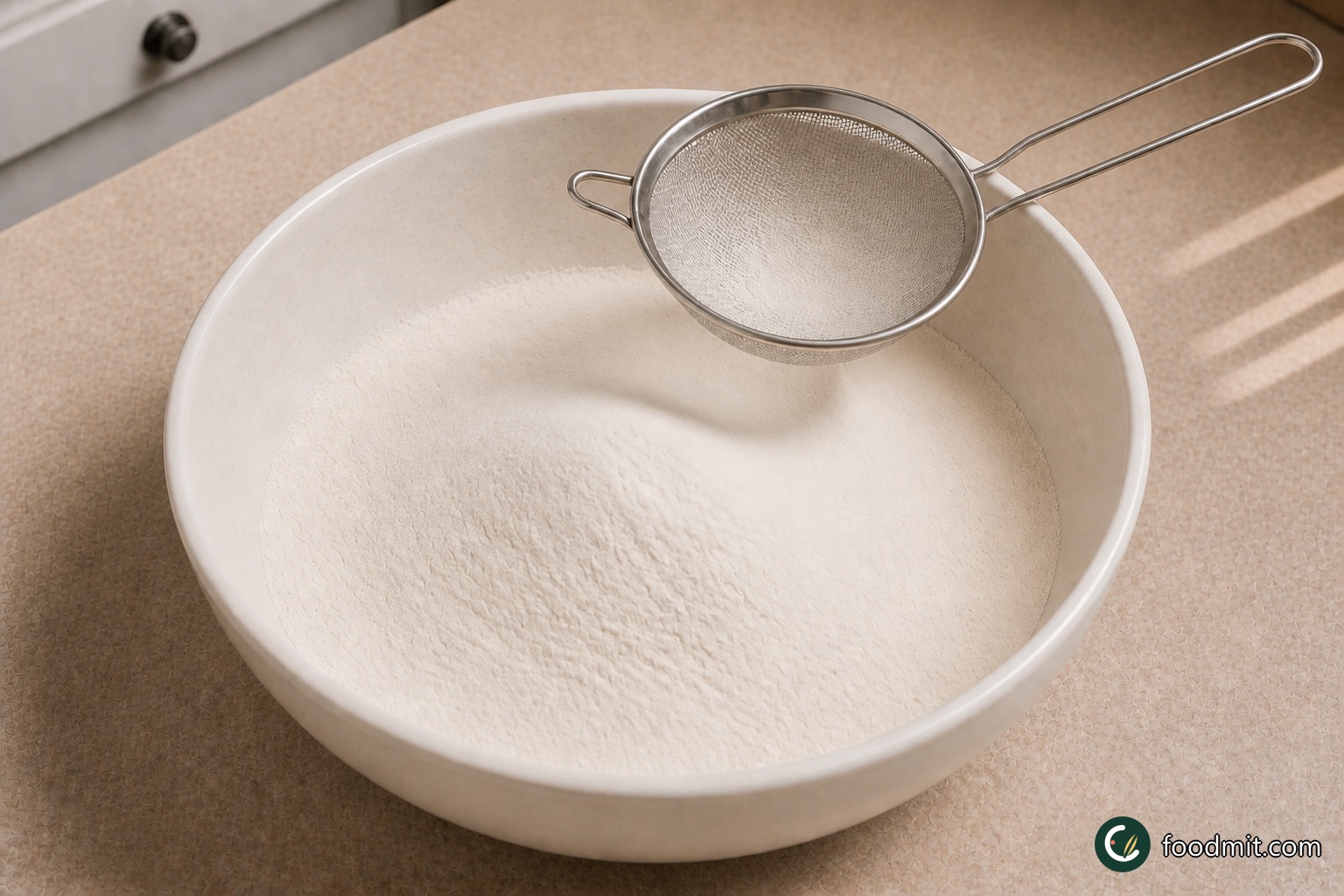 Sift the self-raising flour, baking powder, salt, and mixed spice into a very large mixing bowl. A roomy bowl matters here because the soaked fruit will be folded in gradually without crushing it or knocking too much air from the batter.