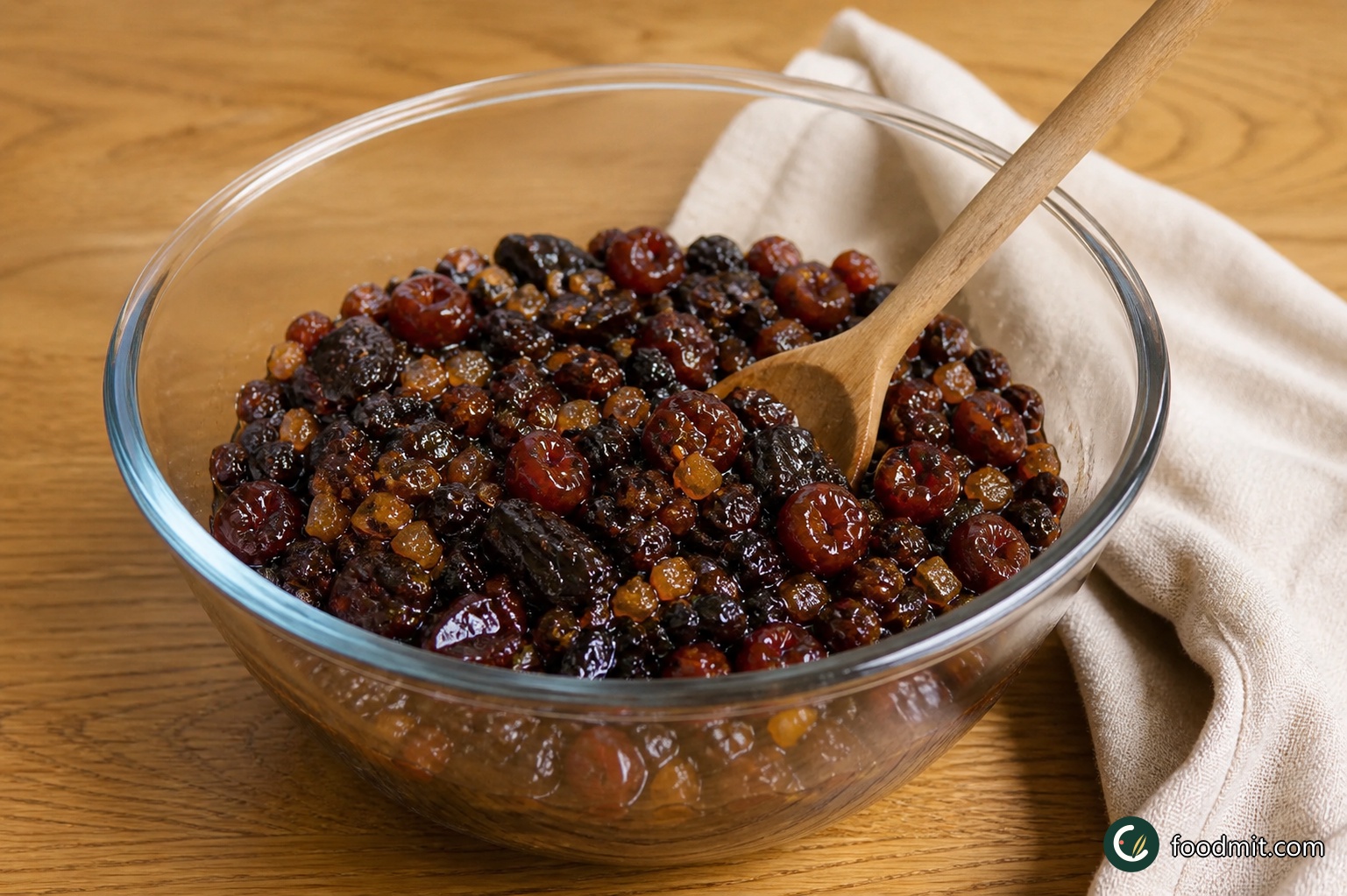 Put the 150 ml brandy, mincemeat, prunes, glacé cherries, dried mixed fruit, and candied peel in a large bowl. Stir until the fruit is evenly coated, cover the bowl with a clean cloth, and leave it in a cool place for at least 4 hours or, preferably, overnight.
