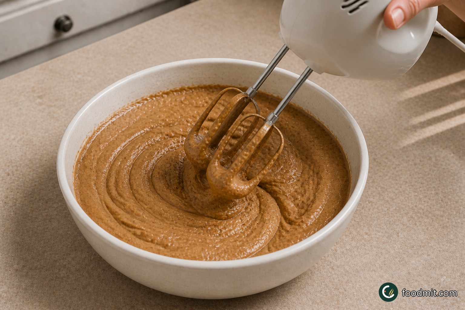 Add the spreadable butter, dark muscovado sugar, and eggs to the sifted ingredients. Beat with an electric hand whisk until the mixture is uniform, light in texture, and free from visible streaks of butter or dry flour.