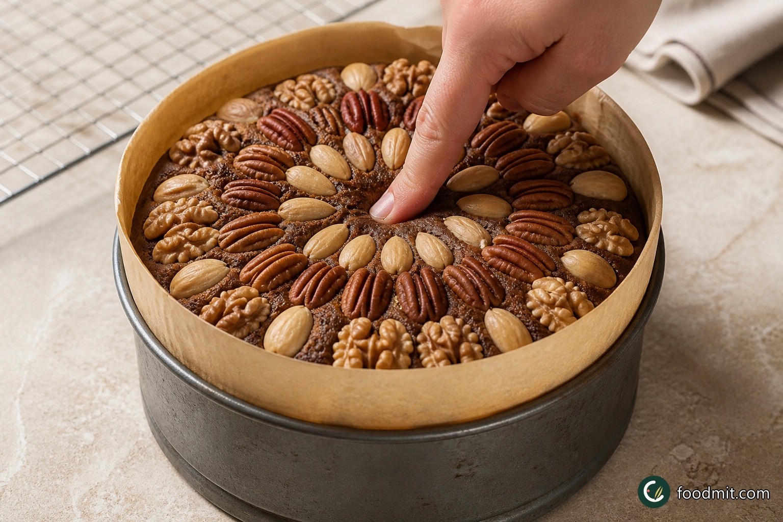 Bake on the centre shelf for 2 hours. At the end, press the centre very lightly; the cake is ready when the shallow indentation promptly rises again. If it does not, continue baking briefly and repeat the same check.