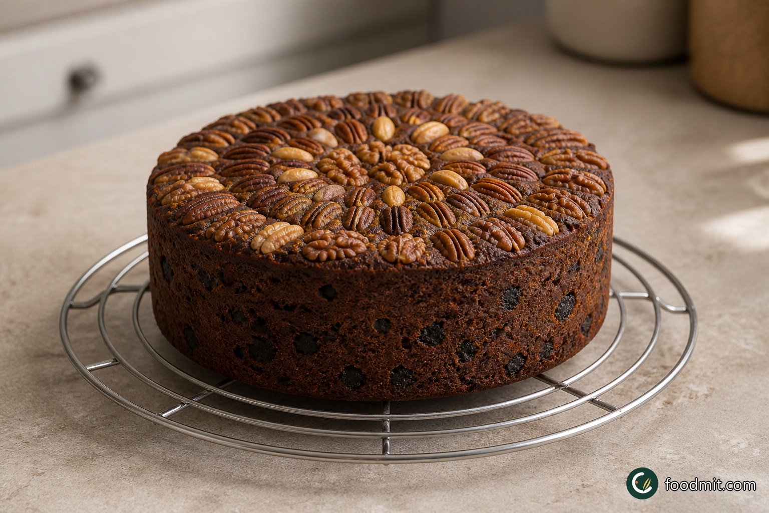 Leave the cake in its tin for 30 minutes so its fruit-heavy crumb can settle. Release it carefully, remove the lining, and transfer it to a wire rack to finish cooling without trapping steam around the sides.